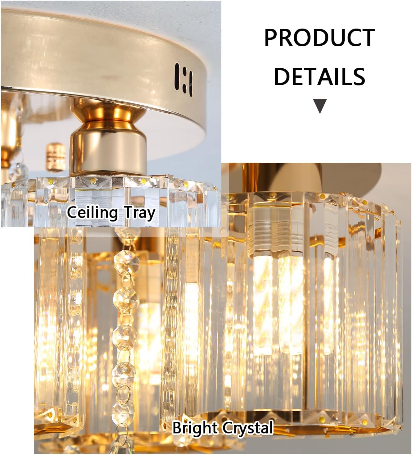 Gold Glam Chandelier Crystal Ceiling Light for Bedroom Lighting Fixtures LED Drum Light for Dining Room Kitchen Entrway Foyer Crystal Pendant Drops Light