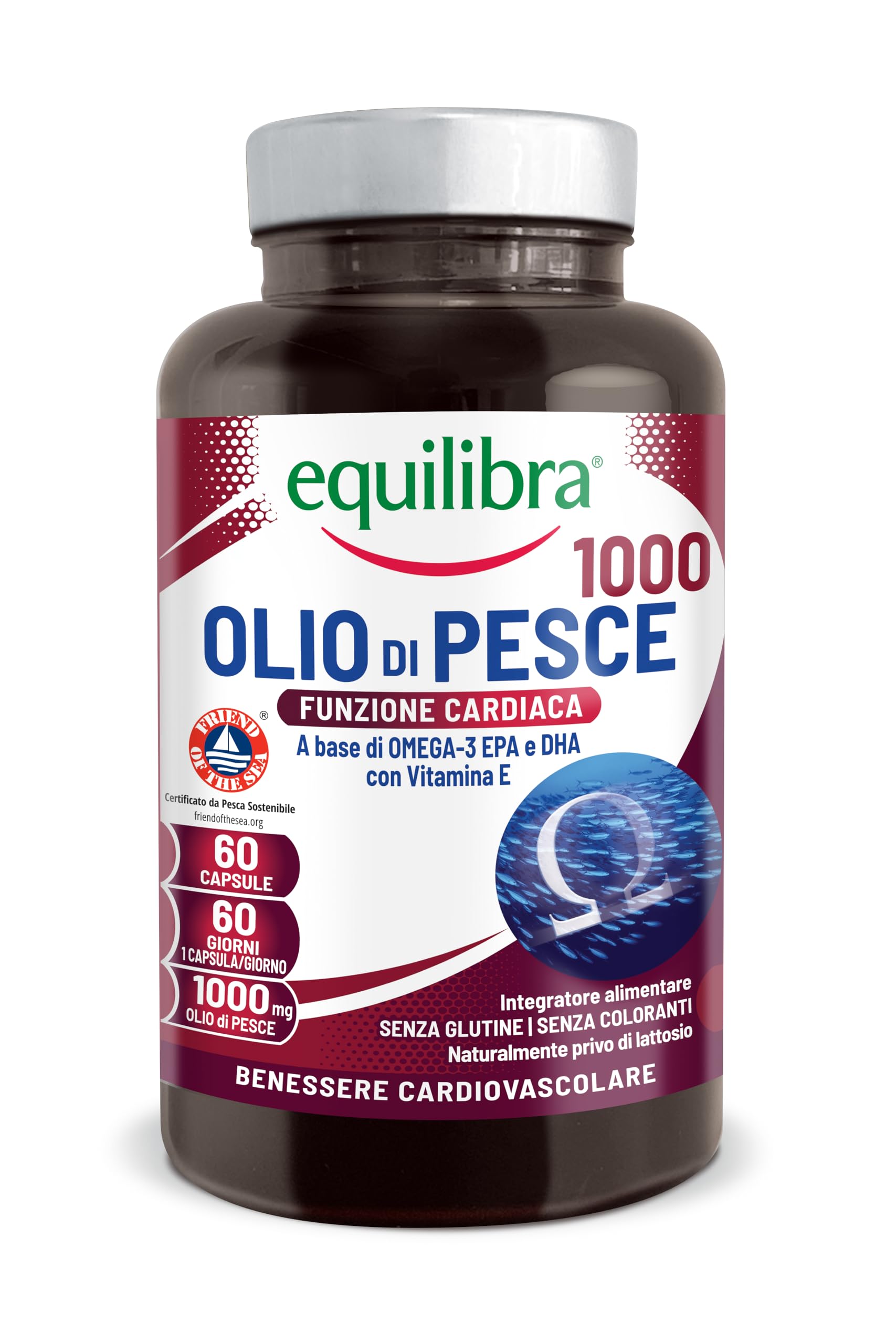 Equilibra Omega 3, Olio di Pesce da 2156mg, EPA 582mg e DHA 388mg per Dose max, Scorta 2 mesi, 60 capsule, Normale Funzione Cardiaca, Funzionalità Cerebrale e Capacità Visiva, Senza Glutine e Lattosio