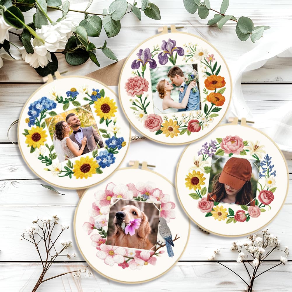 ORIGACH Paquete de 4 kits de bordado de marco floral para principiantes, kit de bordado a mano con patrones de corona floral e instrucciones para adultos y mujeres