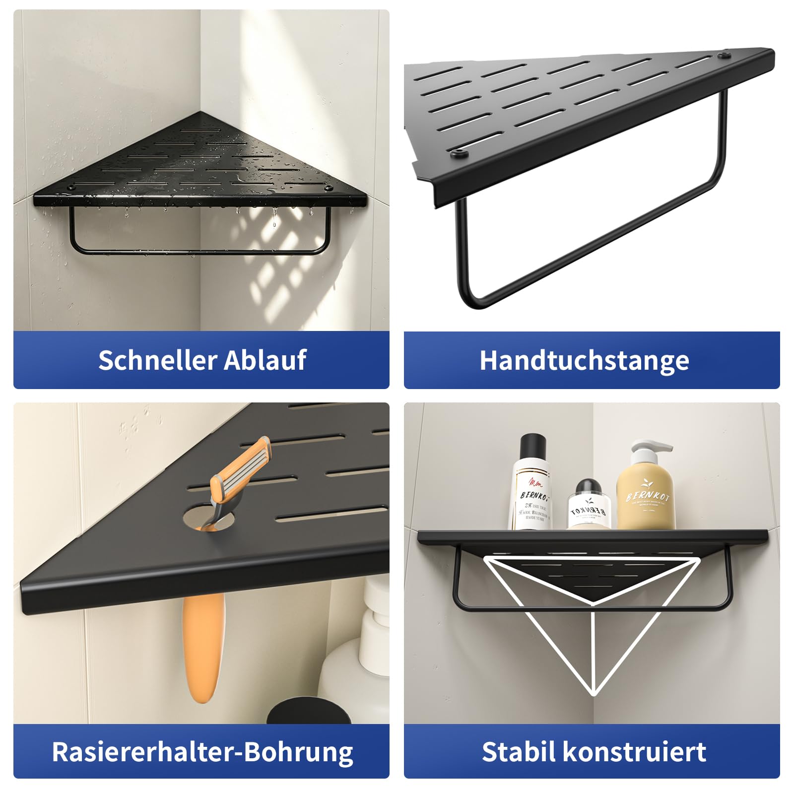 Eck-Duschregal aus 304-Edelstahl,Eckregal Dusche mit Handtuchstange | 25,4 cm Duschablage Ecke für Badrenovierung, Eckablage für die Dusche, passend für geflieste Wände,schwarz