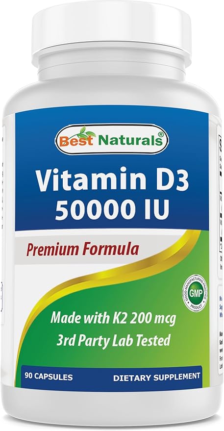 Best Naturals Vitamin D3 50,000 IU with MK-7 K2 200 mcg – 90 Veg Capsules – High Potency – Non-GMO, Gluten Free