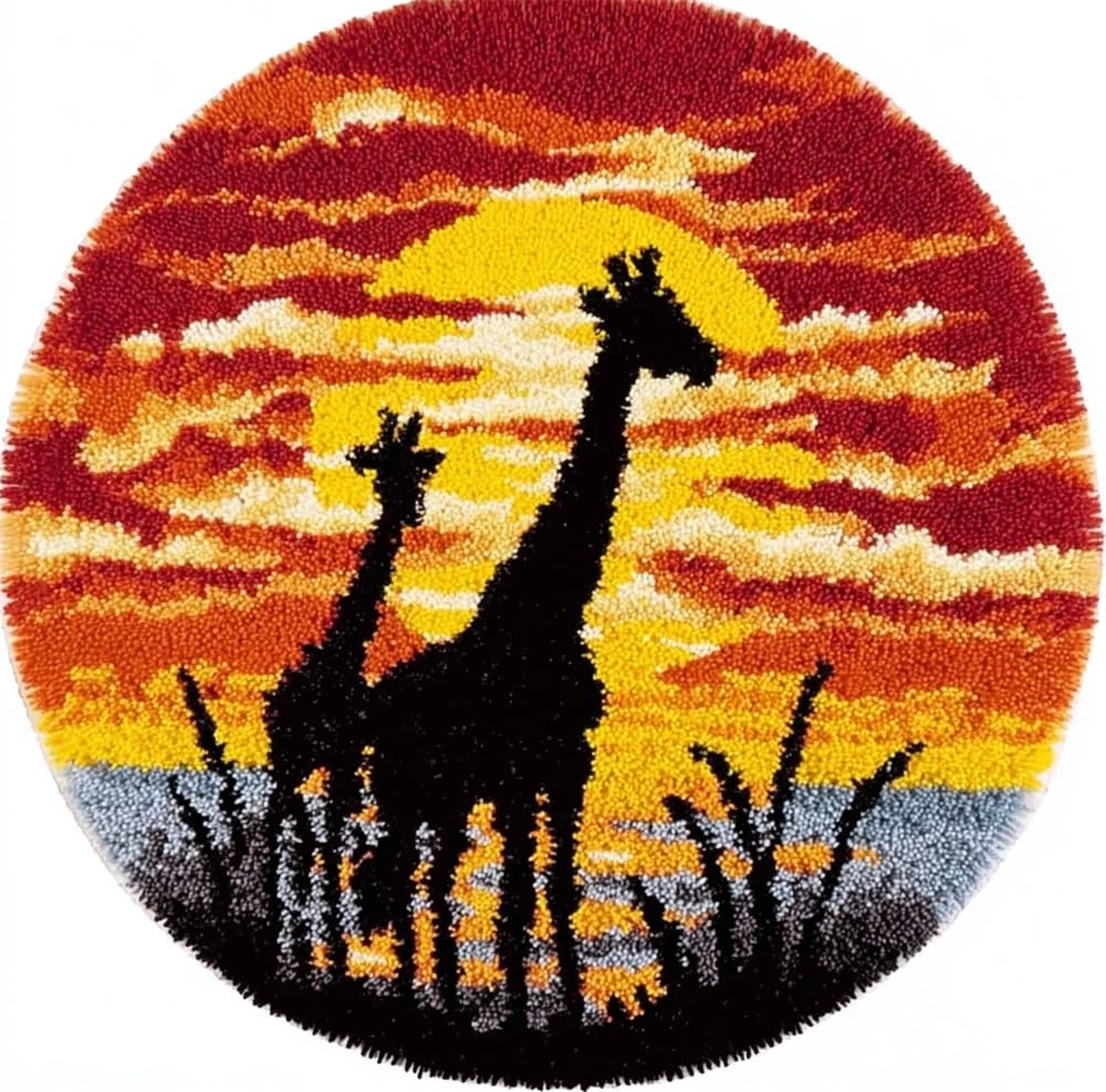 kitphoenix Latch Hook Rug Kit, Sunset Giraffe 20X20Inch (50X50Cm) DIY Rug Making Kit for Adults, Rug Making Kits, Cross Stitch Kit Carpet Making Cushion Needlework for Beginners, Home Decor