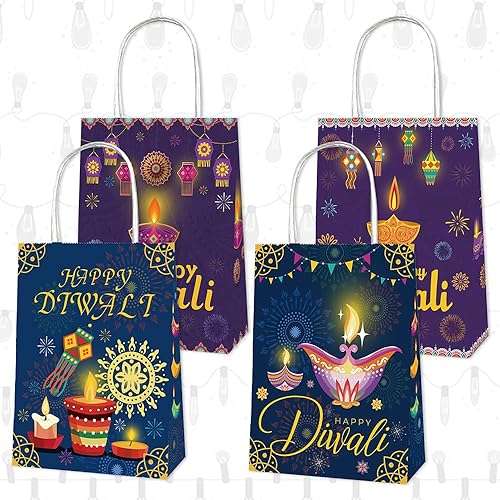 Paquete de 12 bolsas de regalo con palabras de Diwali Happy Diwali, bolsa de regalo para festival de luces, bolsas de regalo de dulces con asas,