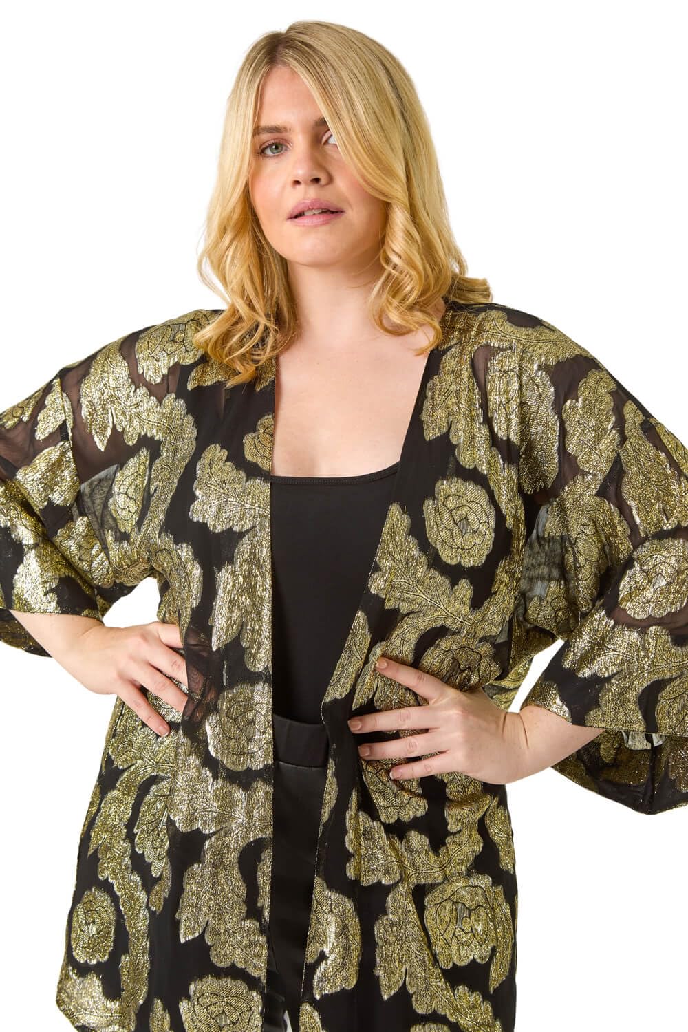 Roman Curve Floral Print Longline Kimono for Women UK - Ladies Everyday Holiday Spring Summer Comfy Soft Evening Vacation Work Party - Golden Plus - Size 20