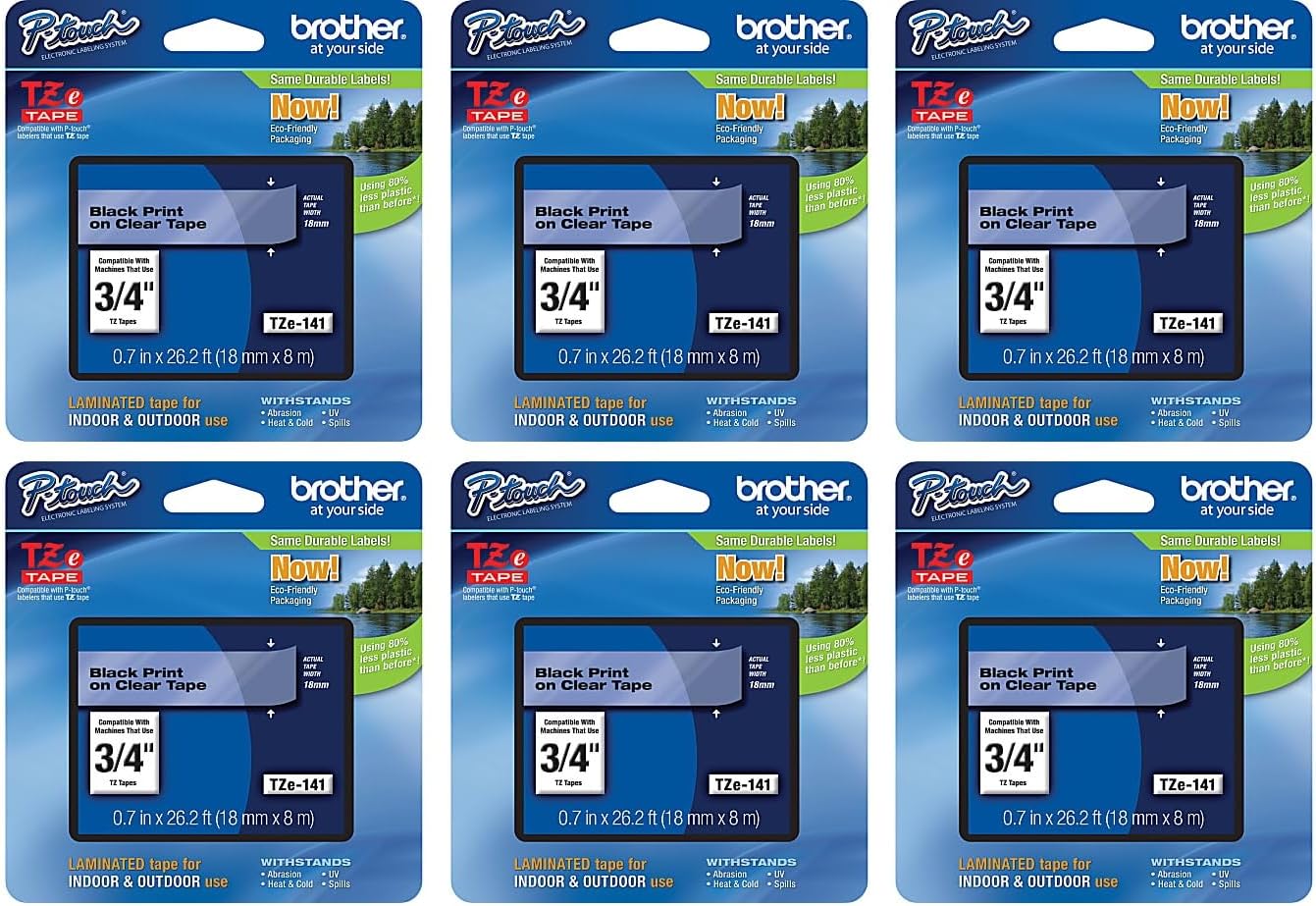 Brother Genuine P-Touch 6-Pack TZe-141 Laminated Tape, Black Print on Clear Standard Adhesive Laminated Tape for P-Touch Label Makers, Each Roll is 0.7"/18mm (~ 3/4") Wide, 26.2 ft. (8M) Long