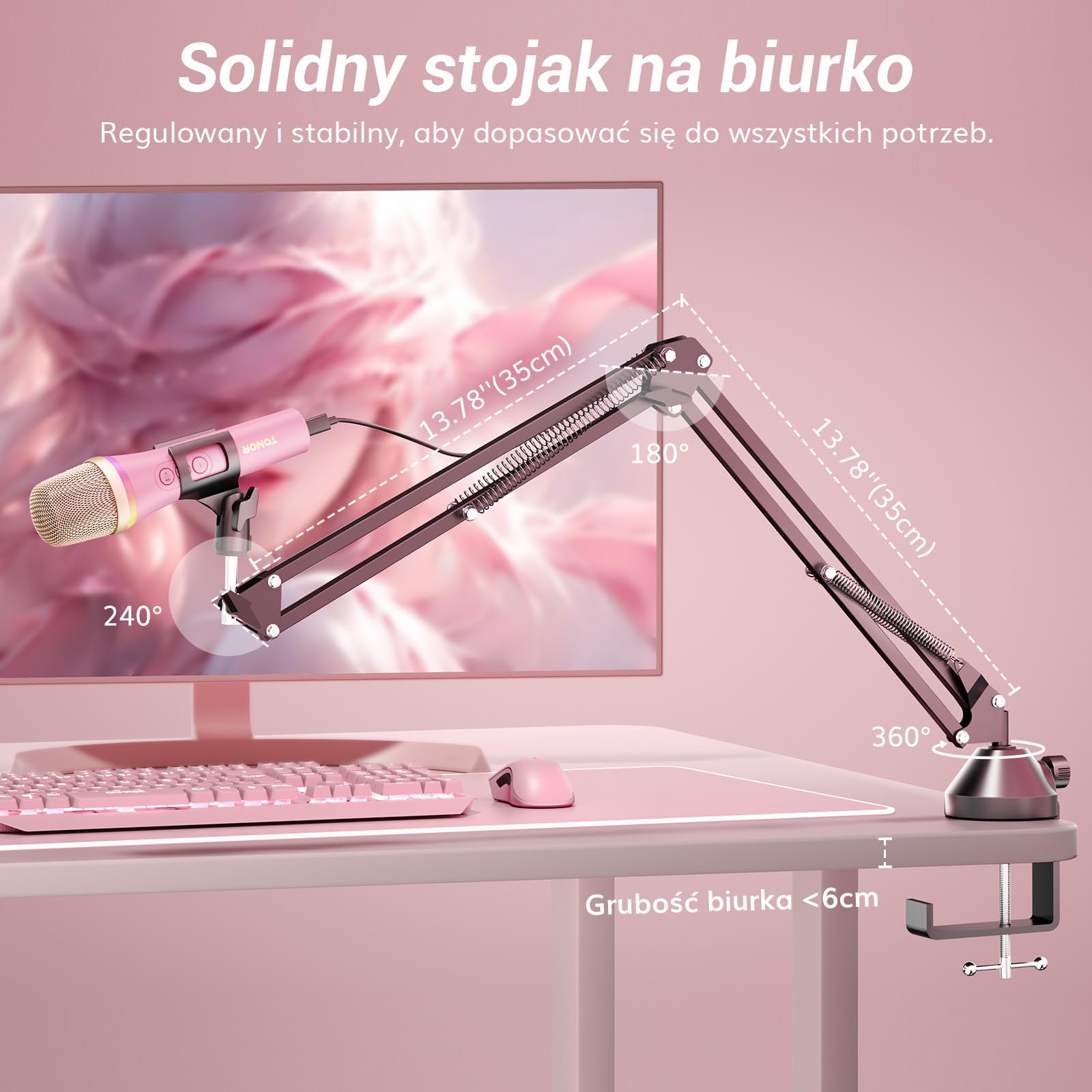 TONOR Mikrofon dynamiczny USB/typ C do komputera PC, RGB mikrofon do gier komputerowych do podcastów nagrywania, na żywo, przesyłania strumieniowego, YouTube, śpiewu, studia, karaoke Mikrofon różowy