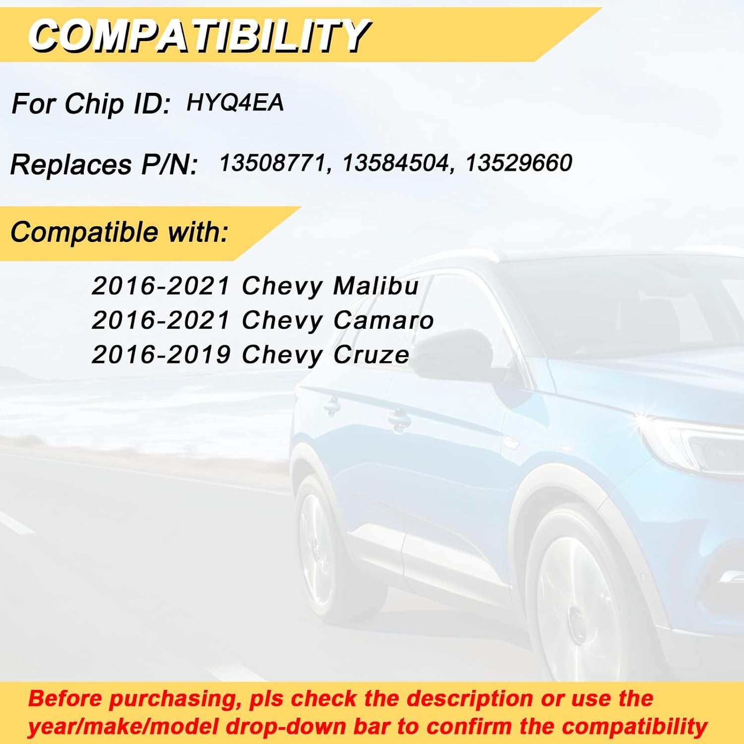 Vurkcy Key Fob Replacement for 2016-2021 Chevy Malibu Camaro/ 16-19 Cruze Car Keyless Entry Remote Control, HYQ4EA, 4 Buttons