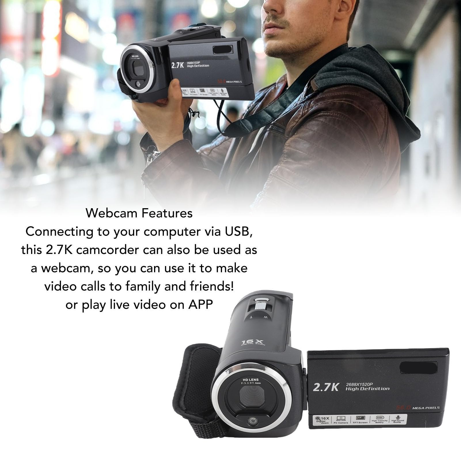 Jectse Videocamera 2,7K, Registratore con Zoom Digitale 50MP 16X, Visione Notturna IR, Touch Screen LCD da 2,8 Pollici, Videocamera per per Bambini, Adolescenti, Adulti,
