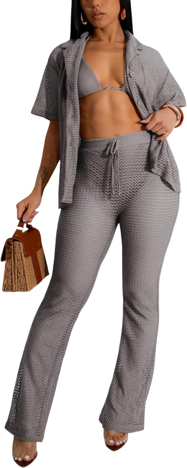 ZERMOM Women's 2 Piece Crochet Outfits Hollow Out Swimsuit Button Up Tops Wide Leg Pants Beach Sets
