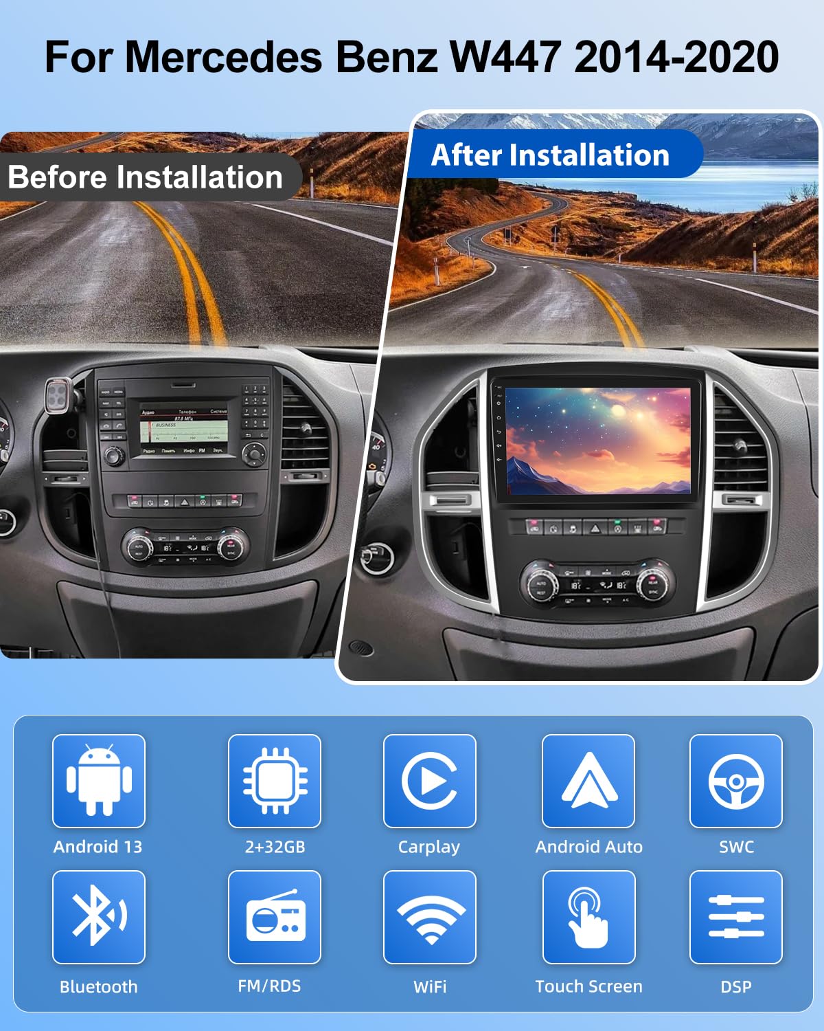NHOPEEW 2+64G Radio Android 10.1 Pulgadas para Mercedes Benz Vito W447 2014-2020 - Soporta CarPlay & Android Auto, Navegación GPS, Control del Volante, FM RDS, Pantalla Dividida + Cámara de Reversa
