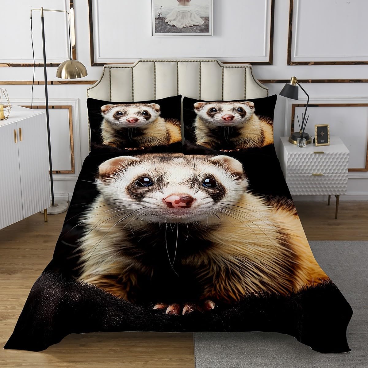 Erosebridal 3D Ferret Coverlet Queen Size Wild Animal Print Quilt Set, Pet Theme Bedding Set Brown White Bedspread Set, Ferret Lovers Gifts Bed Cover for All Seasons Microfiber 3pcs
