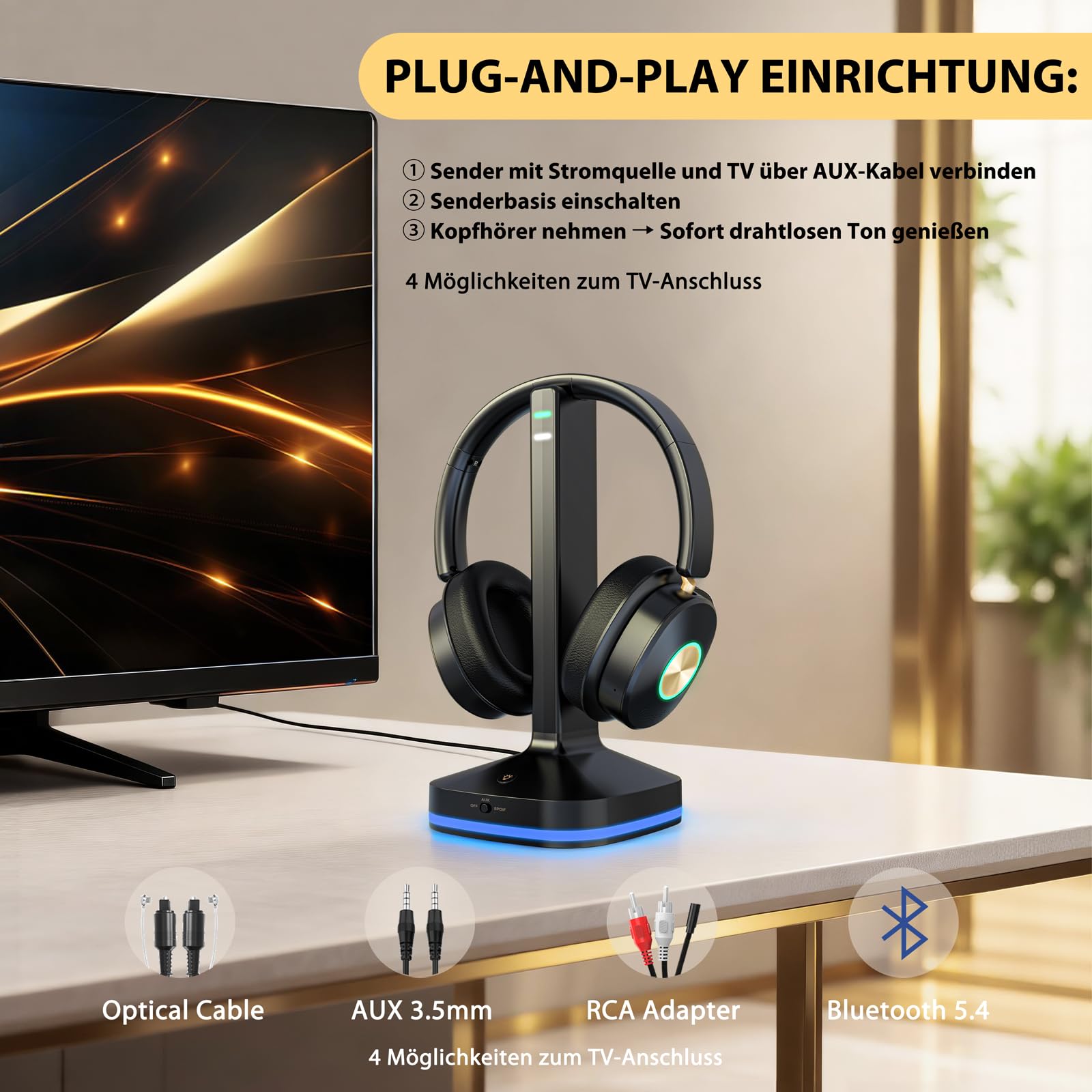 Funkkopfhörer für Fernseher, TV kopfhörer kabellos für Senioren mit Sender-Ladestation Plug-and-play, Bluetooth Kopfhörer mit Optisch/AUX/RCA & Keine Audioverzögerung, Geschenk für Senioren/Eltern