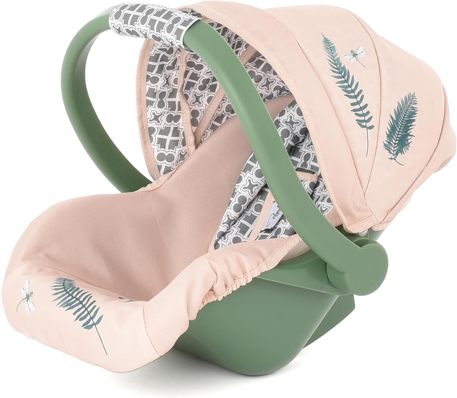 Roma Prams: RHS Doll Car Seat - Fern - Cream & Green, Carrier Travel Accessory, Adjustable Canopy & Handle, Roleplay Toy for Dolls Up to 16.5", Kid 3+