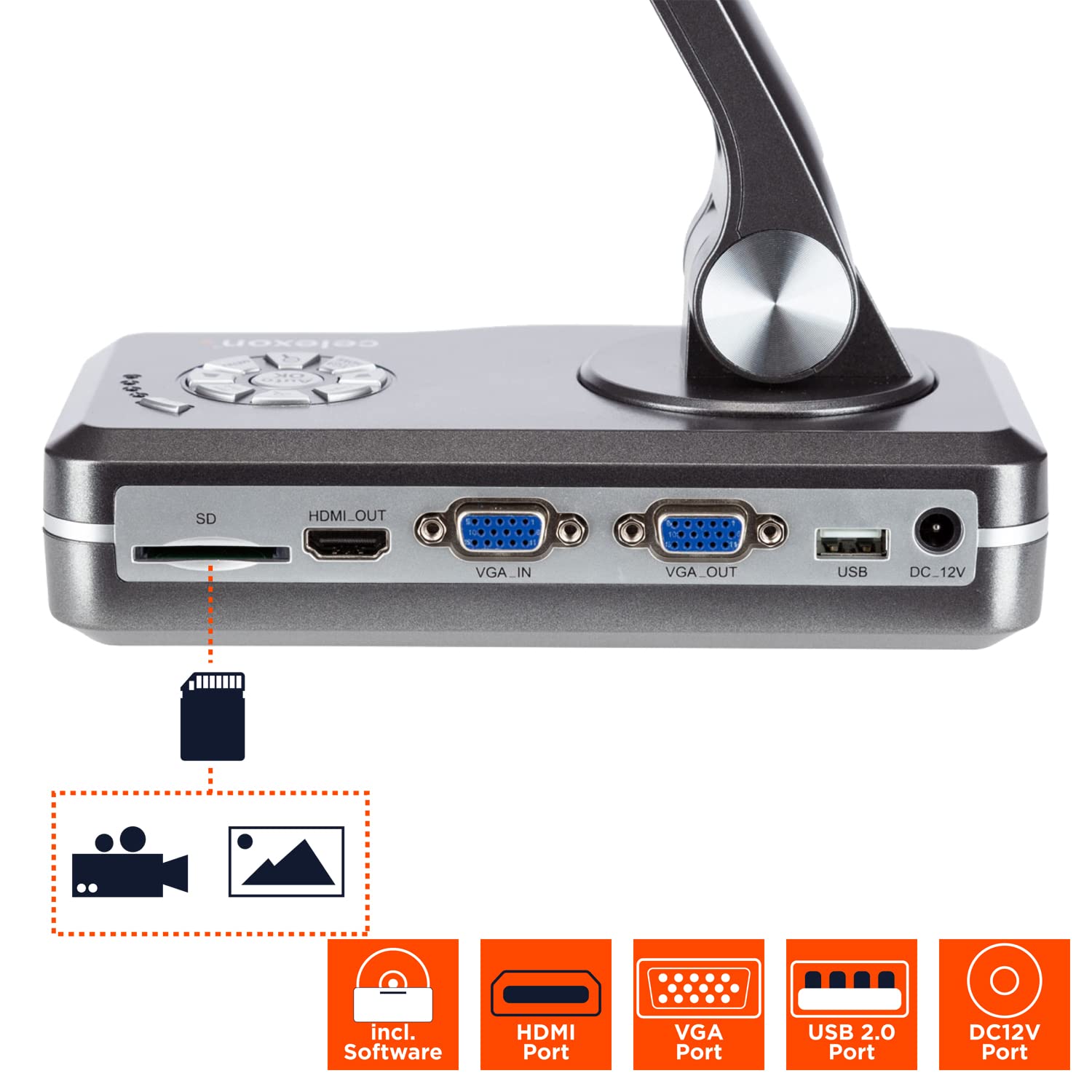 celexon Full HD Cámara de Documentos DK500 - Plug & Play y 10 Formas de agrandarlo Incluye la Funda de Transporte M - 32x23x10cm