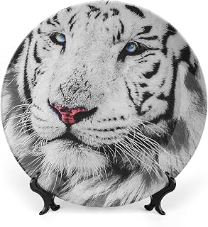 7 Inch Decorative Plate, Animal Ceramic Stoneware, White Tiger Wintertime Rare Animal Calm Noble Beast Print Ceramic Wall Hanging for Fine Dining For Upscale Events, Dinner Parties, Weddings, Catering