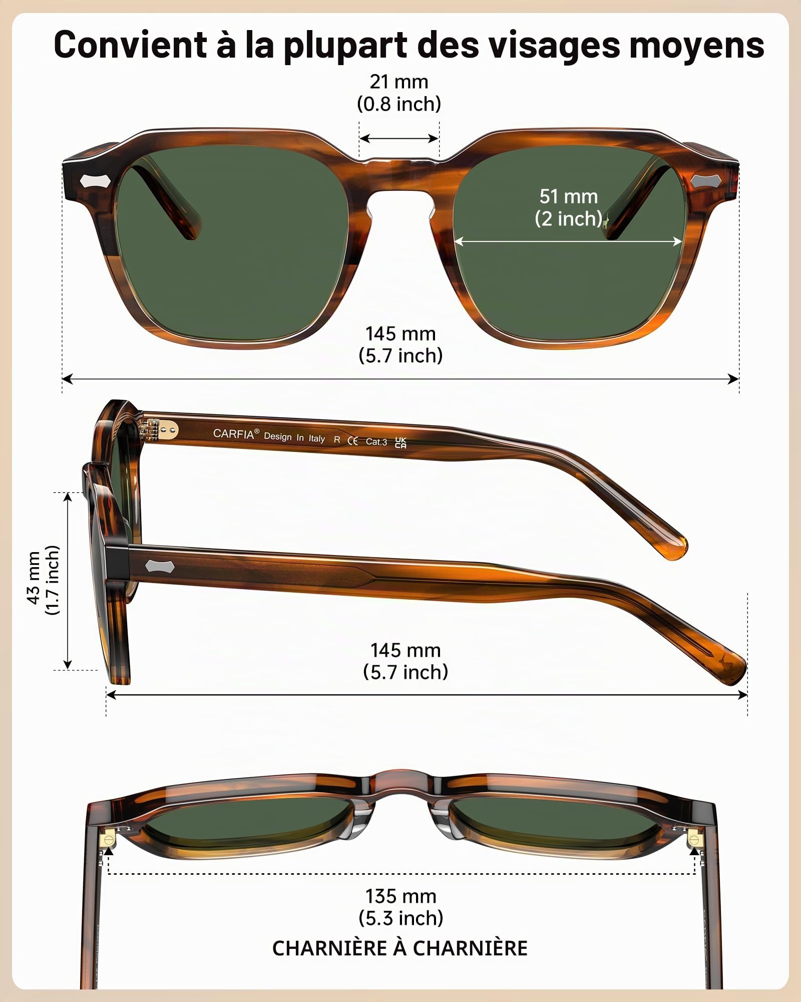 CARFIA Lunettes de soleil polarisées pour homme, protection UV400, cadre rectangulaire rétro en acétate pour conduite en plein air, voyage, pêche CA5405