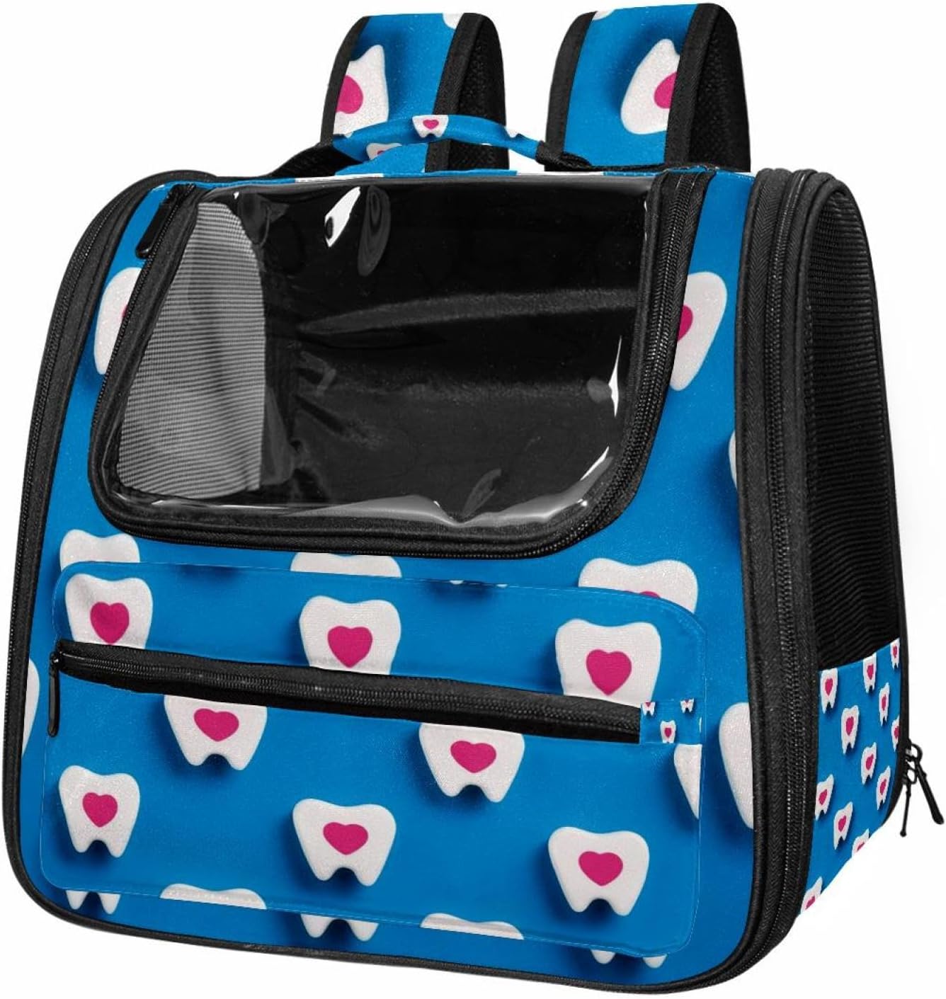 Portable Travel pet Backpack Carrier Hamster Bag Small Dog cat Carrier Breathable Hang Bag, Cartoon Teeth and Hearts