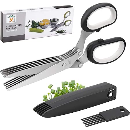 Joyoldelf Gourmet Herb Scissors Set - Master Culinary Multipurpose Cutting Shears with Stainless Steel 5 Blades, Safety Cover and Cleaning Comb for Cutting Cilantro Onion Salad