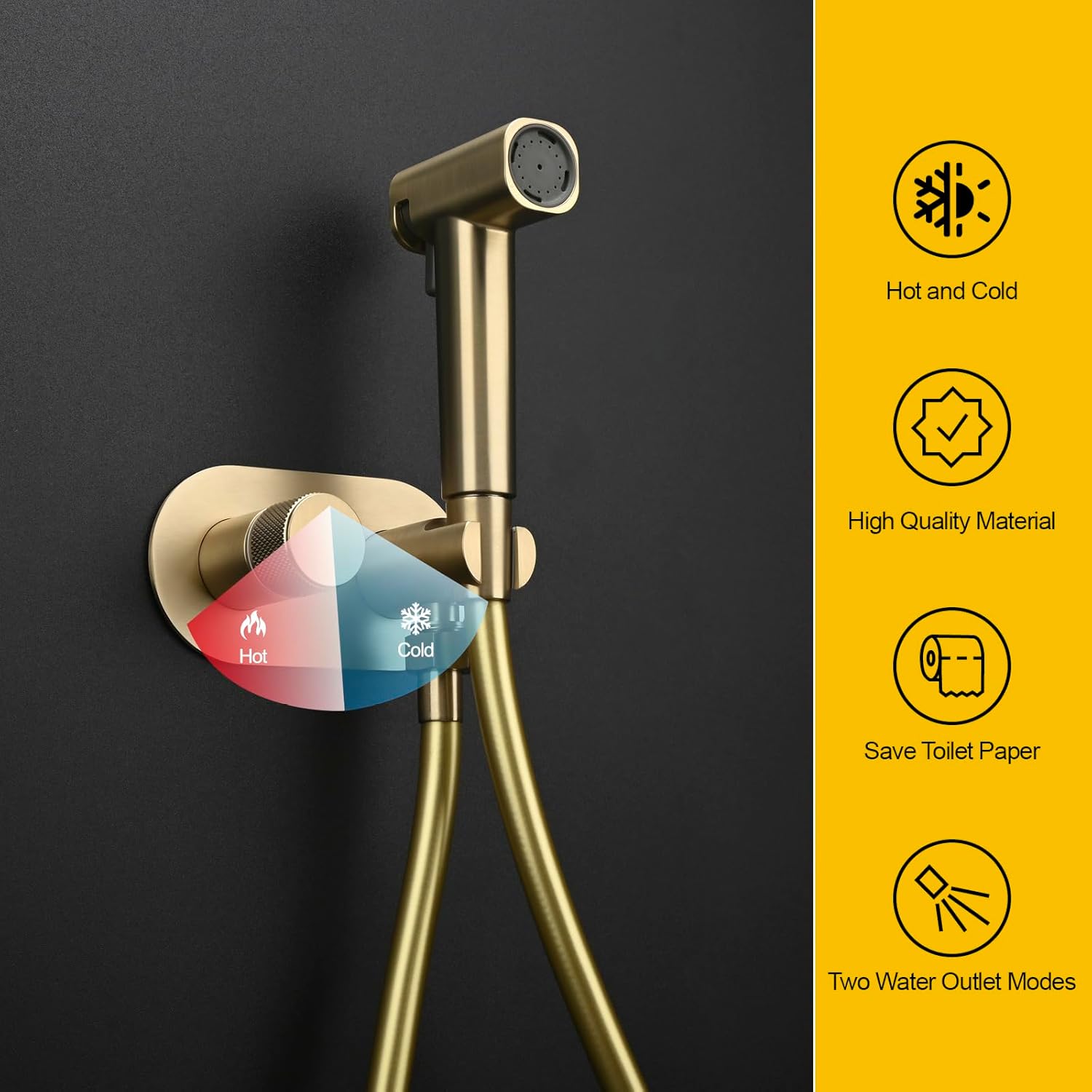 Handheld Bidet Sprayer Set Concealed Hot and Cold Bidet Spray for Toilet with Brass Valve Warm Water Round Bidet Attachment Set for Feminine Hygiene, Pets and Baby Diaper Wash, Brushed Gold