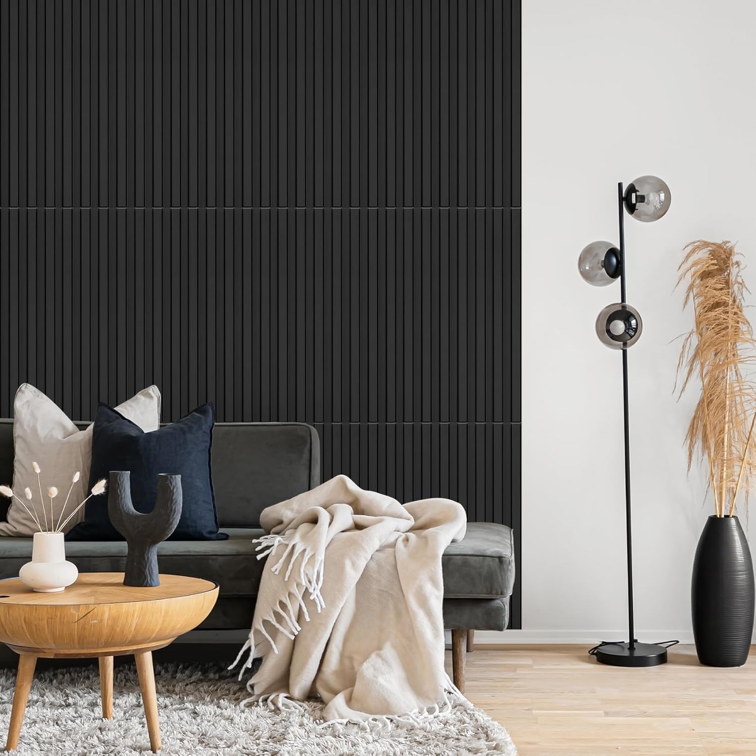 STICKGOO Slat Wall Panel, 3D Wall Panels for Interior Wall Decor PVC Fluted Textured Panel 12-Tile 19.7 x 19.7in - Black