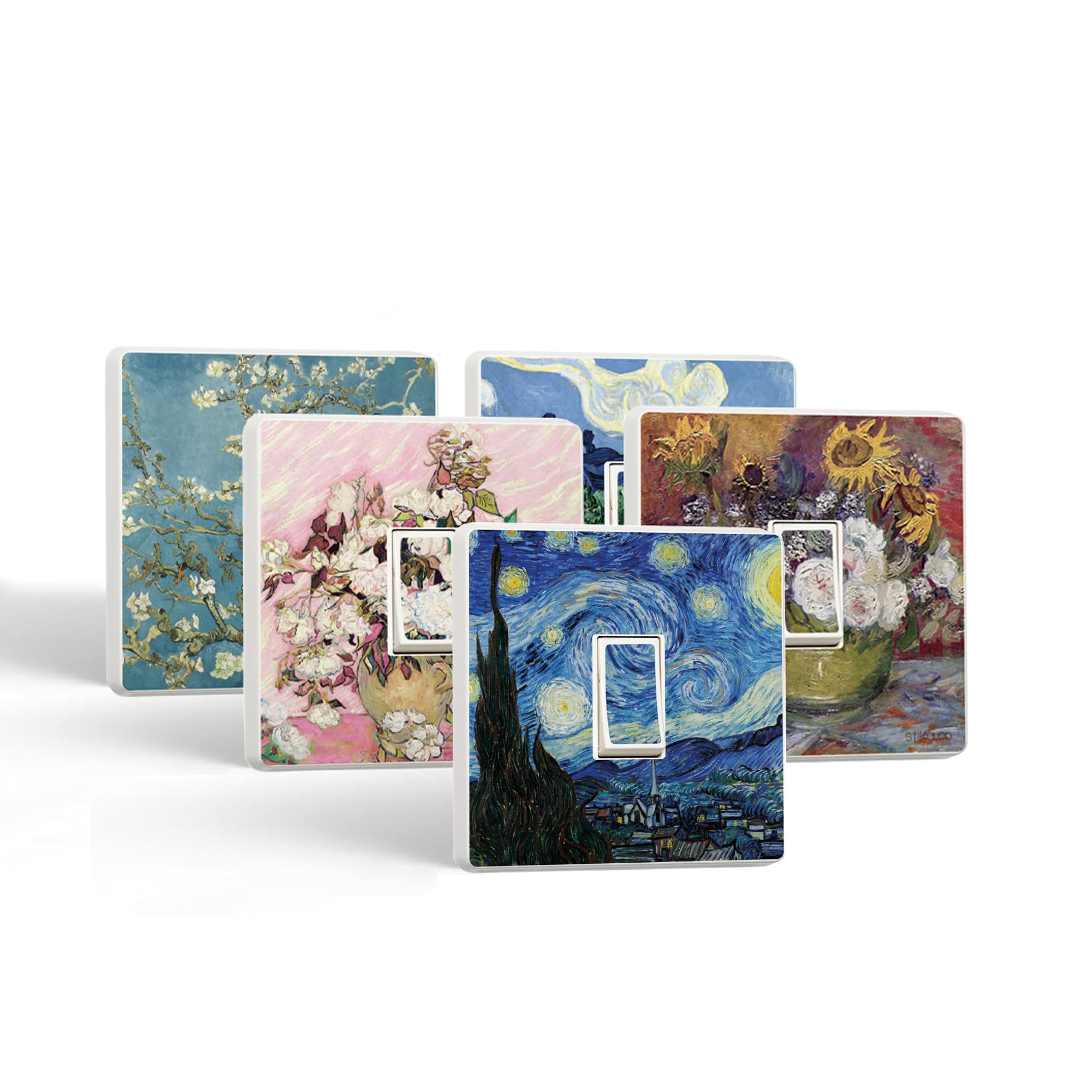Stika.co Multicolor Set Of 10 Artistic Designs - Van Gogh Masterpieces Light Switch Sticker Set - The Starry Night, Vintage Roses, Sunflower And Roses Bowl, Olive Trees And Almond Blossom