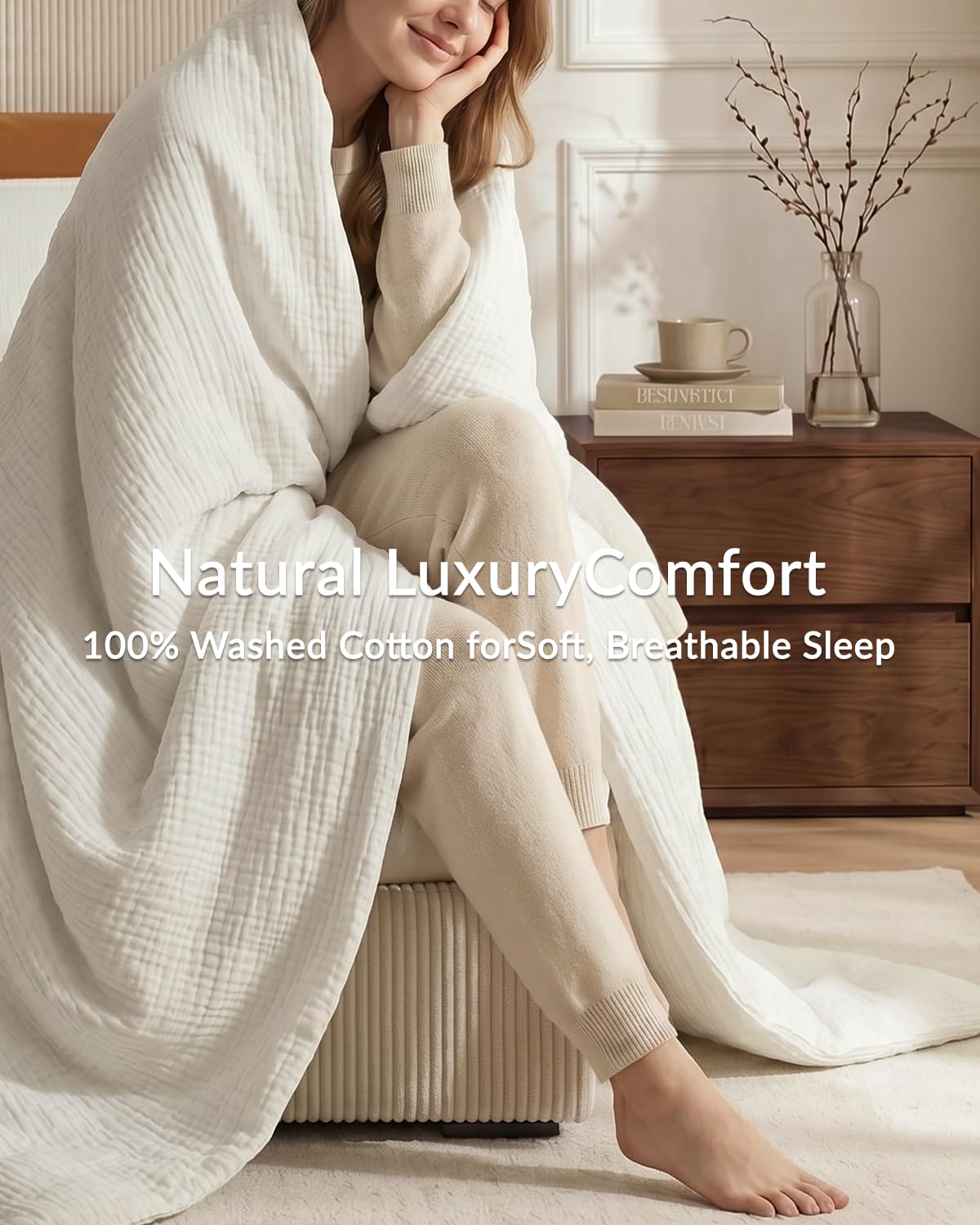 Bailix Set di biancheria da letto in mussola di alta qualità, 135 x 200 cm, 3 pezzi, bianco, 100% cotone, 135 x 200 cm + 2 federe 80 x 80 cm, con bottoni bianchi