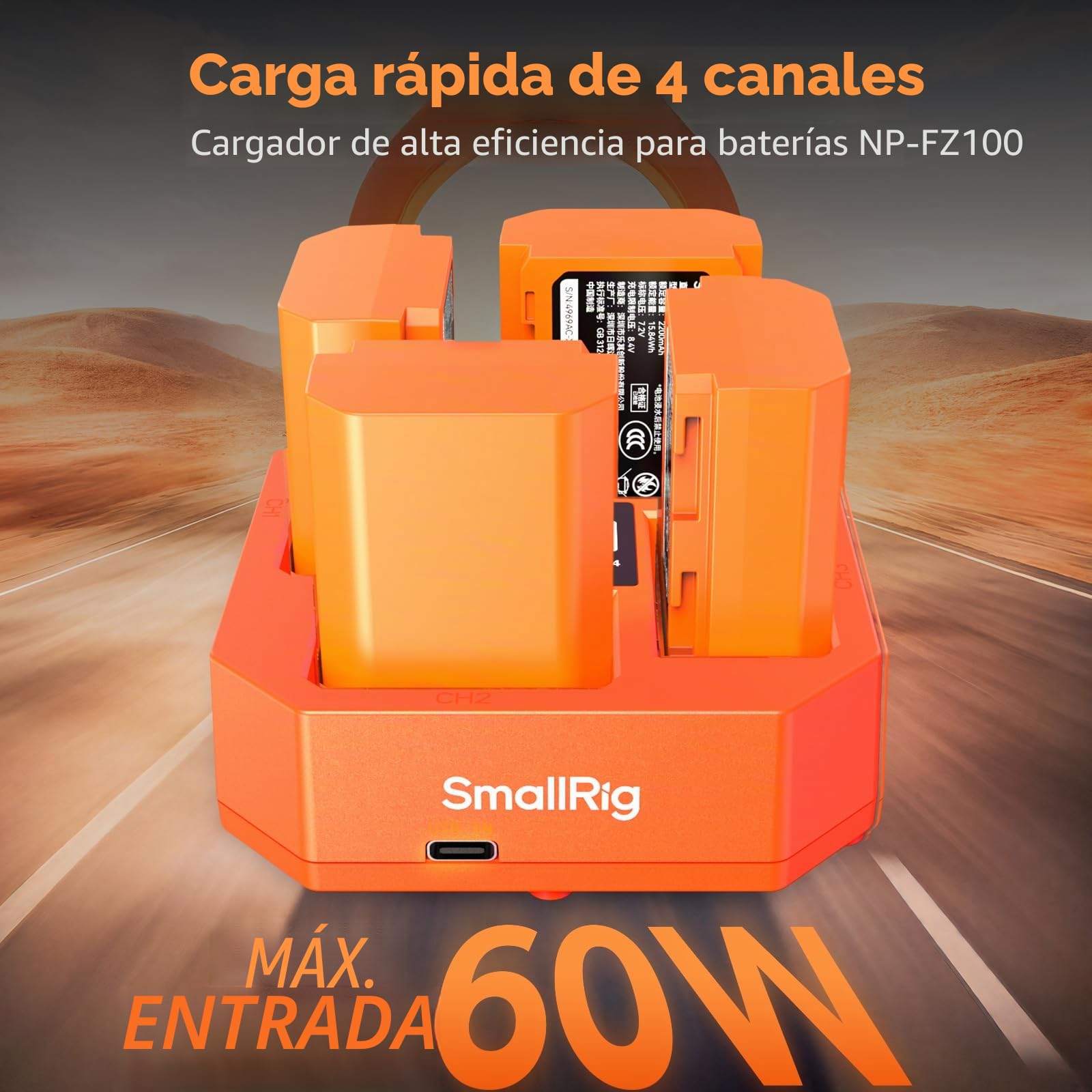 SMALLRIG Compatible con NP-FZ100 Cargador de Batería para Cámara de 4 Canales, con Carga Rápida de 60 W, Pantalla LED,Batería Compacto de 4 Canales Cámara para Sony NP-FZ100, Color Naranja - 4839