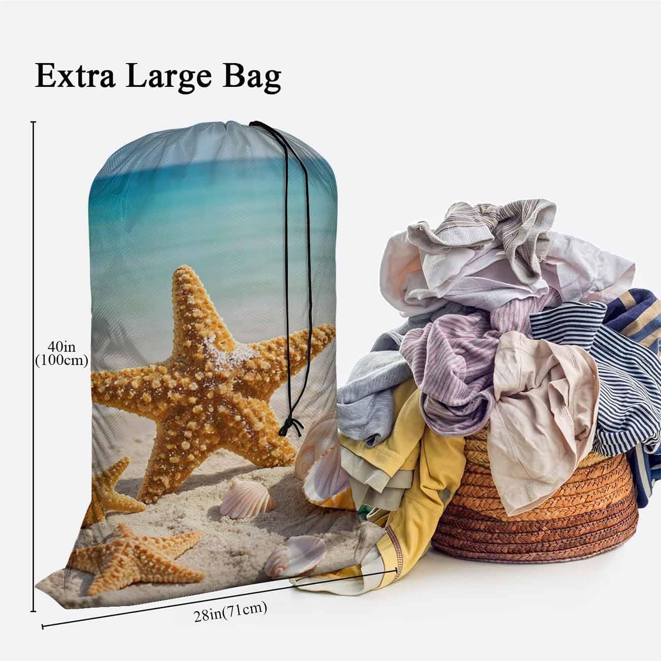 Swono Starfish Laundry Bags for Travel, College, Camping and Gym Seashells On The Beach Blue Sky Coast Shore 28" x 40", Polyester image 3