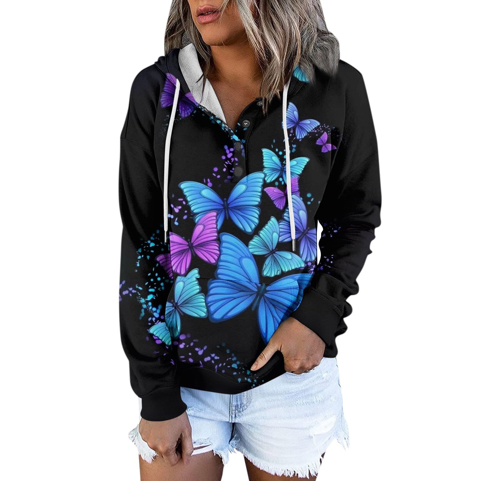 Hoodies For Women Graphic Long Sleeve Fall Sweatshirt Drawstring Casual Comfy Fall Top Pullover with Pocket