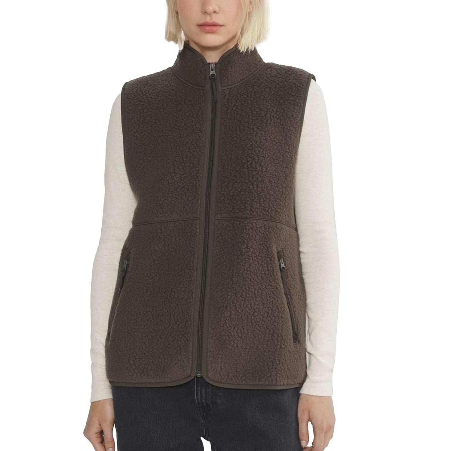 Trendy Fleece Vest Women Mock Neck Sleeveless Sherpa Jacket Full Zipper Overcoat Warm Outwear Gilet with Pockets