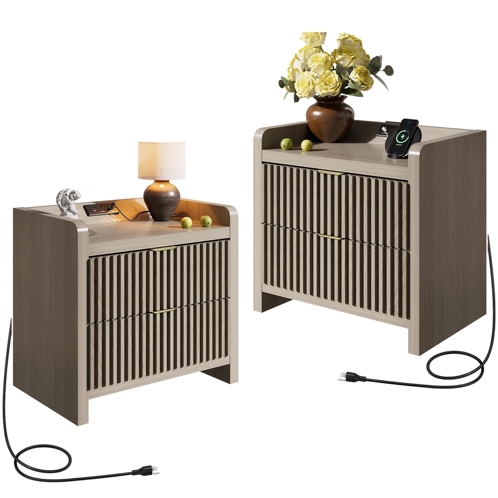 BREEZEHEAT Fluted Nightstand Set of 2, Nightstands with Charging Station, Large Nightstand Bedside Table with 2 Large Drawers, Mid Century Modern End Table for Bedroom, 24" Wide, Grey Alder