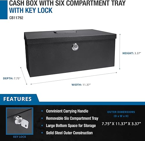 Miniatura 2 de BARSKA Caja de efectivo de 12 pulgadas y bandeja de 6 compartimentos con cerradura de llave, color negro
