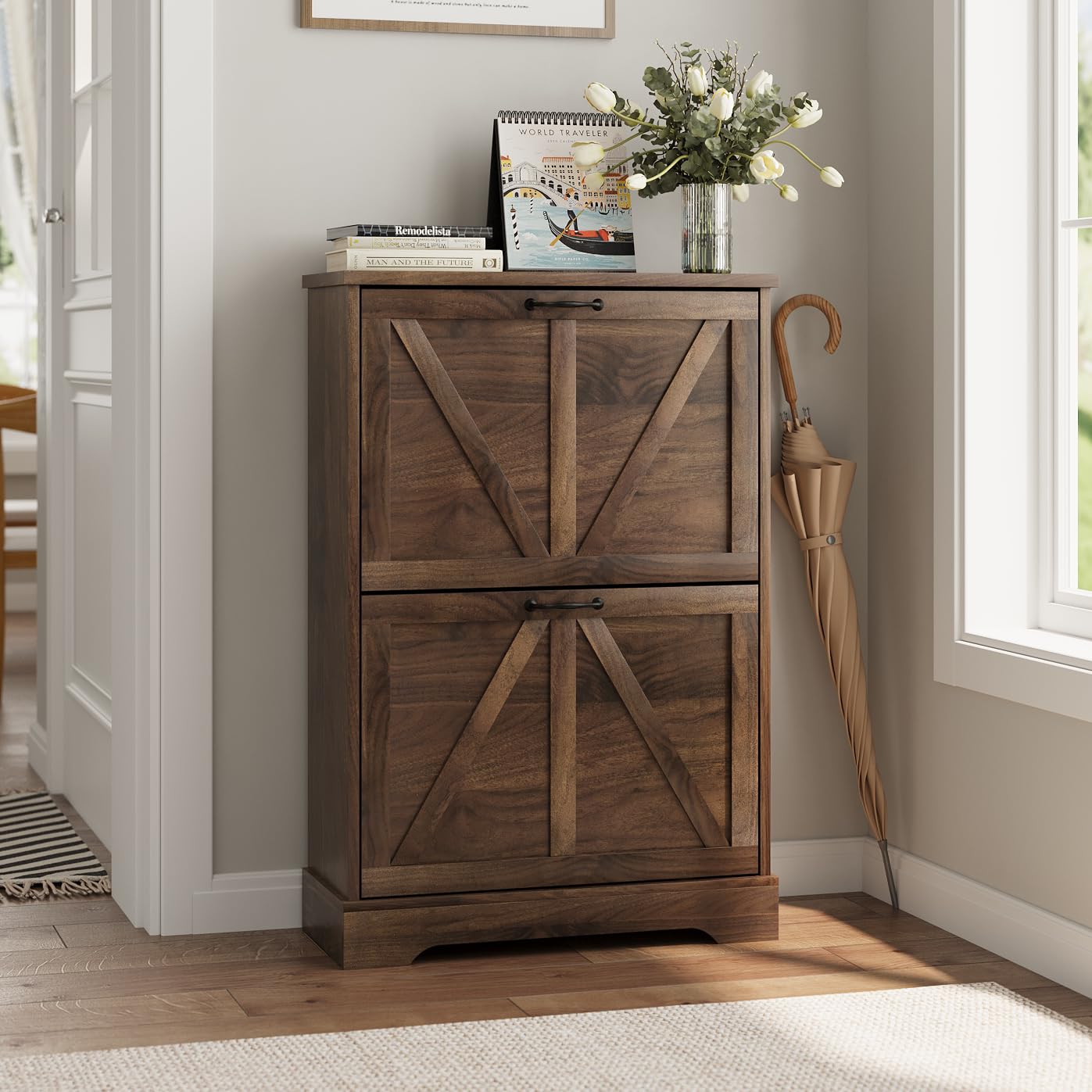 Shoe Cabinet, Shoe Storage Cabinet for Entryway with 2 Flip Drawers, Narrow Farmhouse Shoe Organizer Cabinet, Slim Shoe Rack Cabinet, 23.6in Walnut — image 1