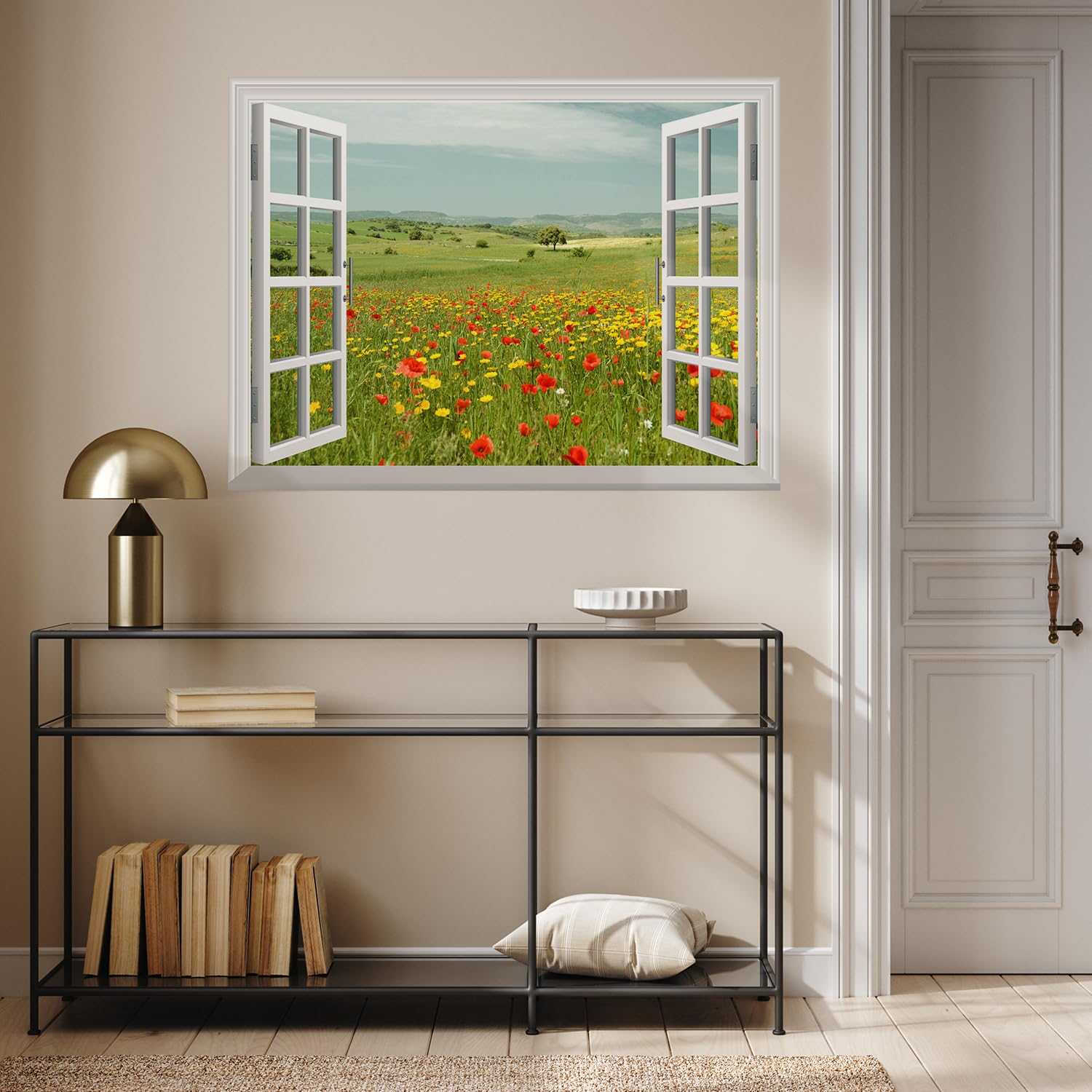 wall26 Entfernbarer Wandaufkleber/Wandbild – Schönes Frühlingsfeld mit Wildblumen | Kreative Fensteransicht Wanddekoration – 91,4 x 121,9 cm