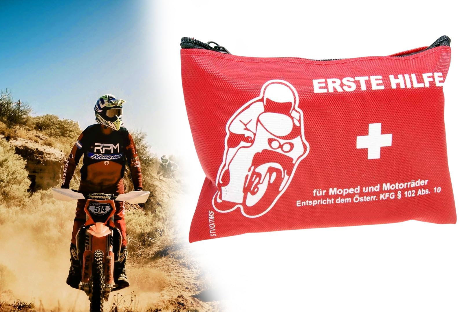 Erste-Hilfe-Set, Mini Verbandtasche für Motorrad Moped Roller Quad Fahrrad, klein + kompakt, Verbandskissen 85 x 115 x 50mm, 10-teilig