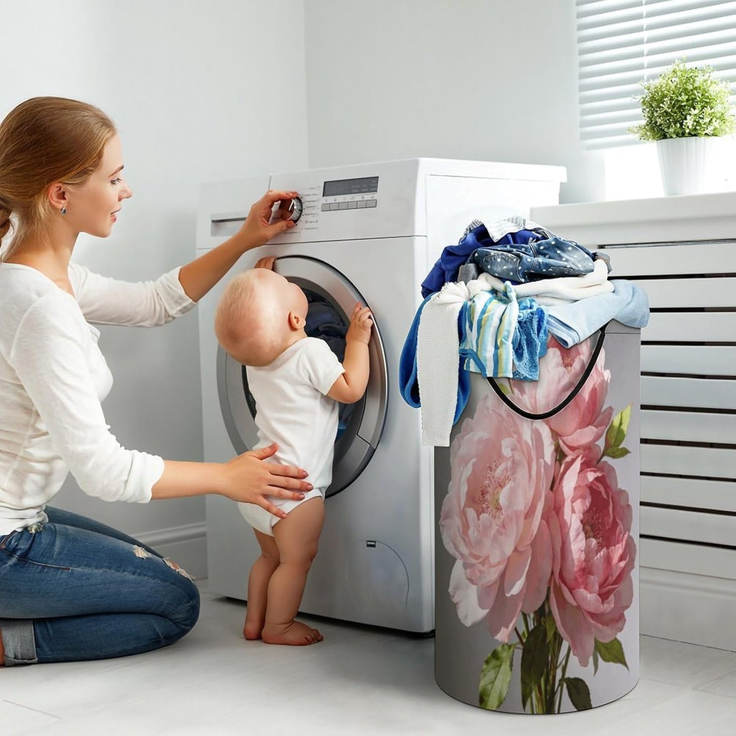 Pink Flowers Laundry Hamper Portable Lightweight Clothes Hampers Fashion Dirty Laundry Storage Basket Large Capacity Foldable Clothes Baskets for Bathroom Bedroom