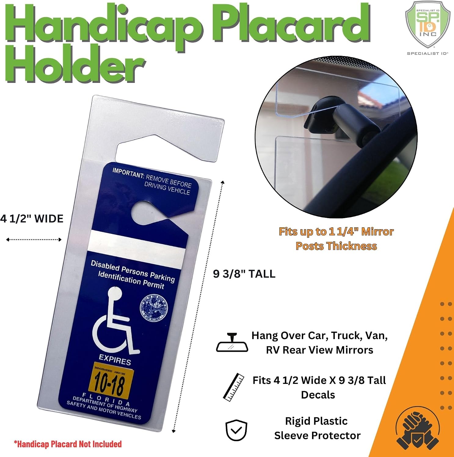 2 Pack - Clear Handicap Parking Placard Protective Holder - Rear View Mirror Disability Permit Hanger - Hard Flexible Plastic Construction - Handicapped Car Tag Cover by Specialist ID