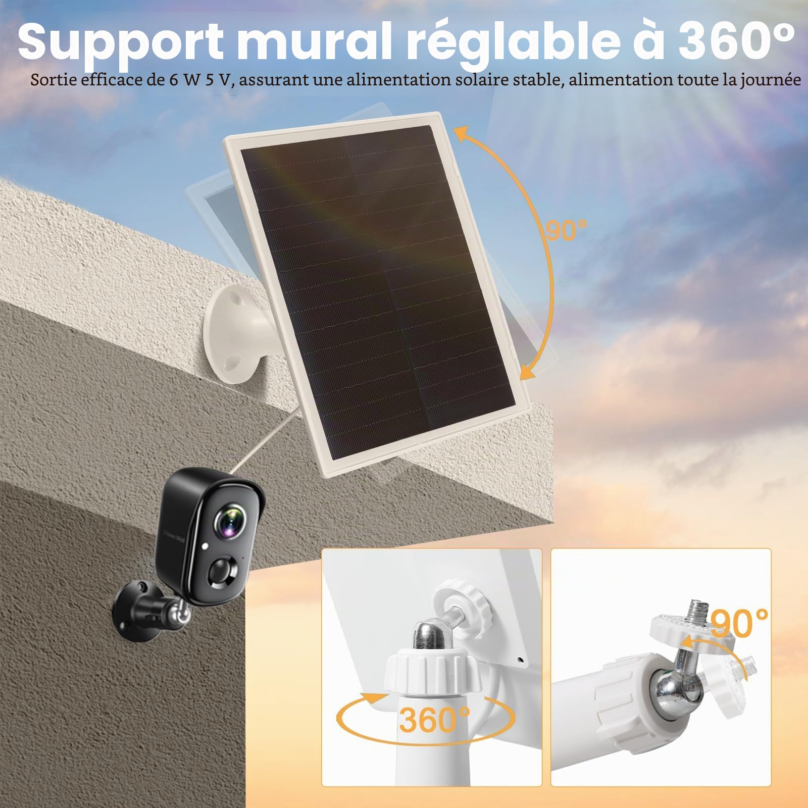 Lot de 2 panneaux solaires pour Arlo Essential 2K Outdoor (2e génération)/appareil photo Essential XL (2e génération)/projecteur essentiel, charge continue 5 V 6 W, câble de 3 m, résistant aux