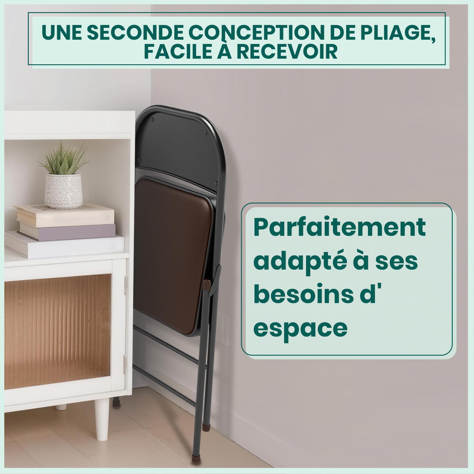 Chaise Pliante en Cuir PU Rembourrée, Cadre en Métal Solide, Légère et Compacte, pour Bureau, Maison, Événements (6, Marron)