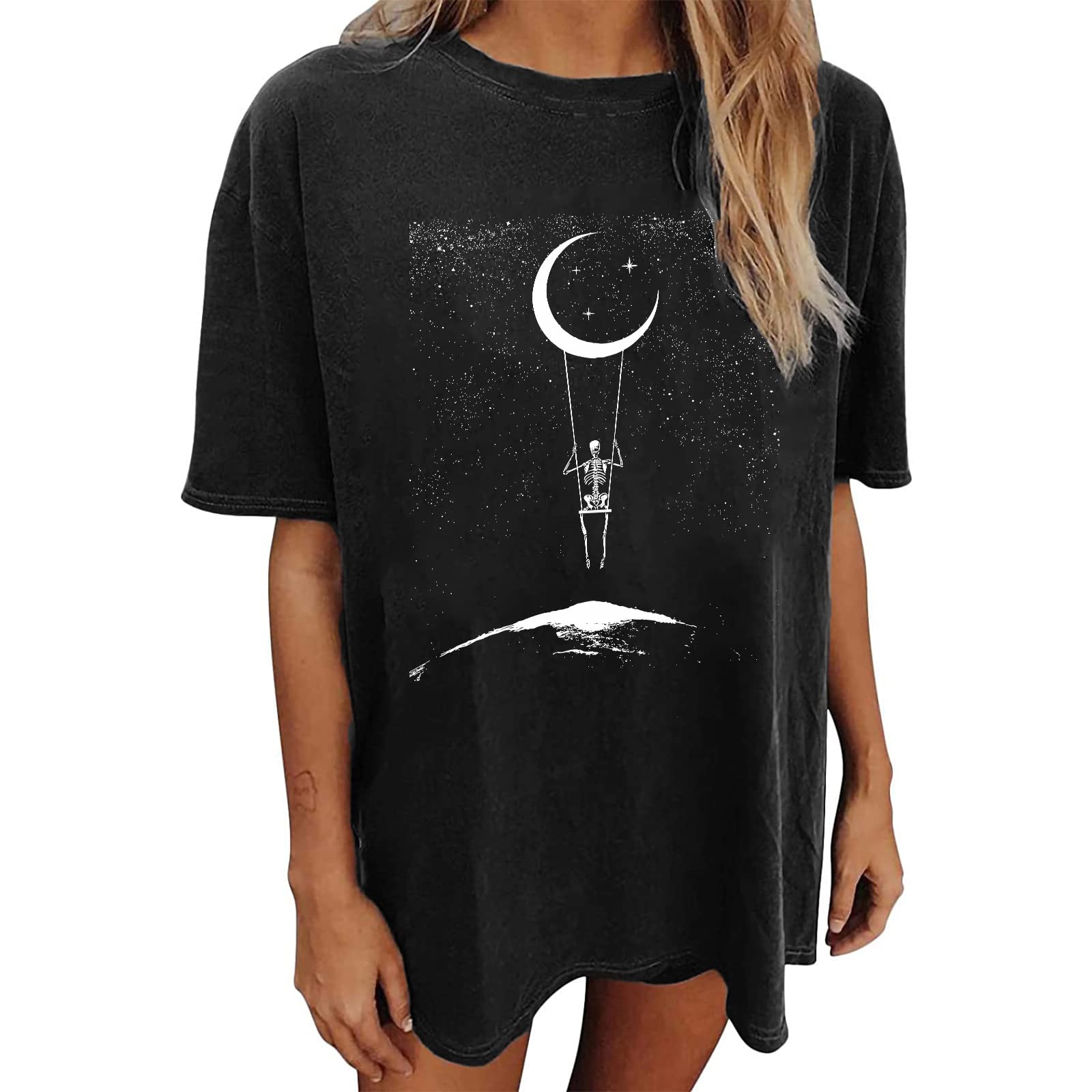 WrenpiesOversized Graphic Tees Vintage Trendy Cute Moon Skull Skeleton T Shirts for Women Teen Girls Casual Summer Tops