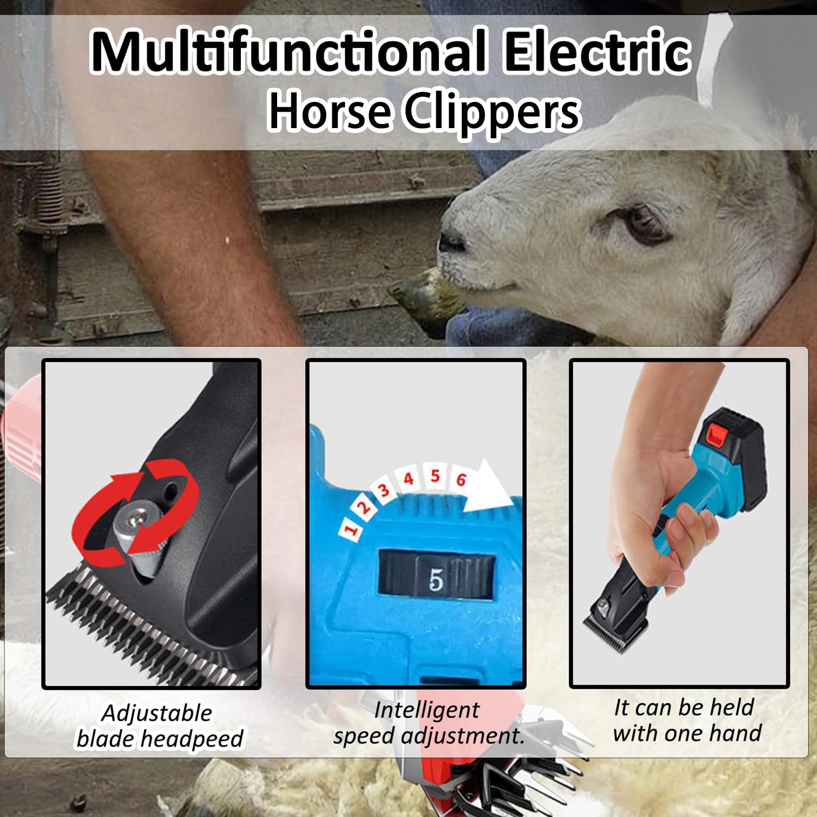 Cortadoras de caballo eléctricas, tijeras de ganado inalámbricas con ajuste de 6 velocidades y 2 * 1500mAh baterías, velocidad 2500 RPM recortadora equina profesional para ganado de ovejas de caballo