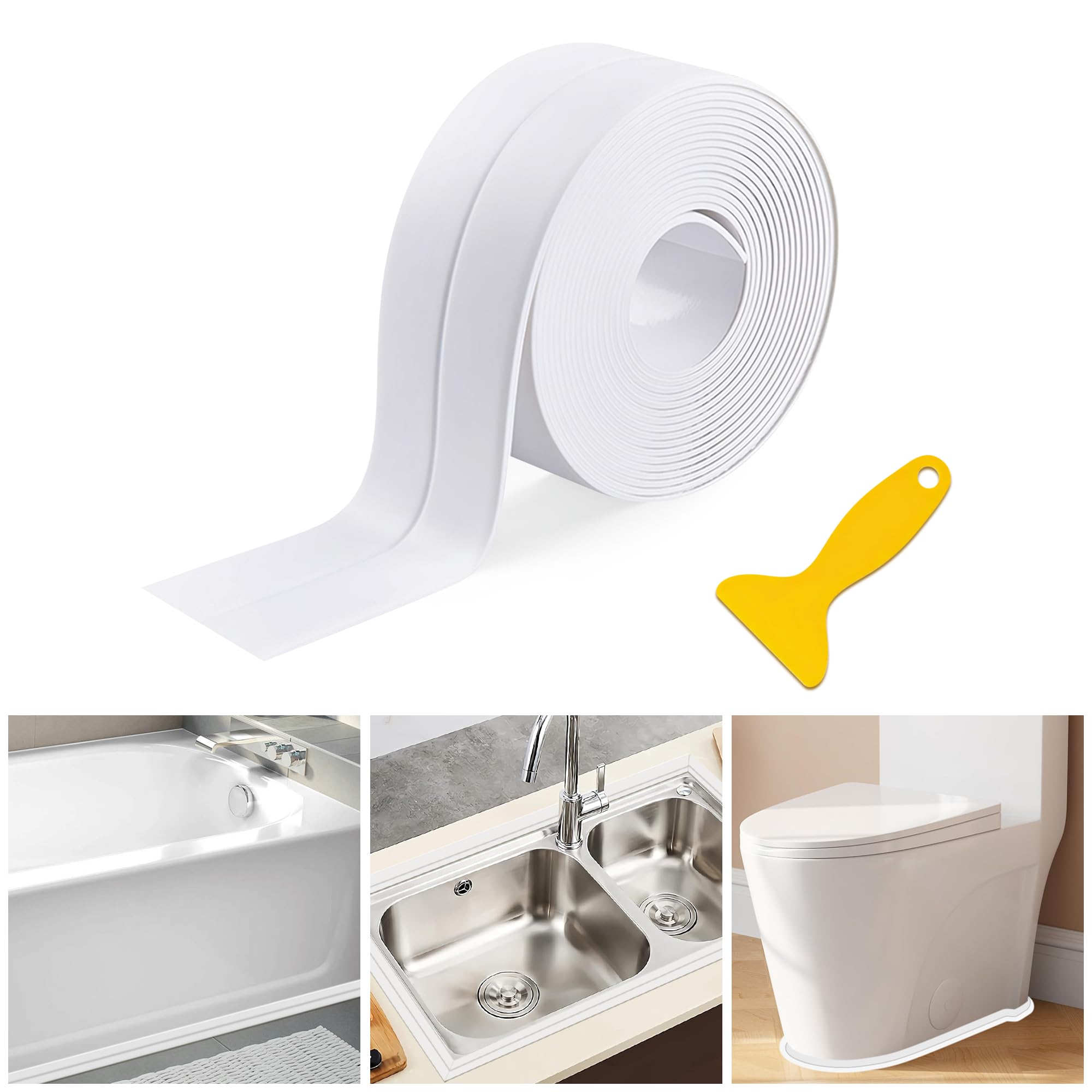 1pcs Bath Sealant Strip Self-Adhesive - Waterproof Sealant Tape for Shower, Bathtub, and Bathroom Flooring | Easy Installation, White Silicone Sealant Tape for Sealing Edges, Bath Panel (1)