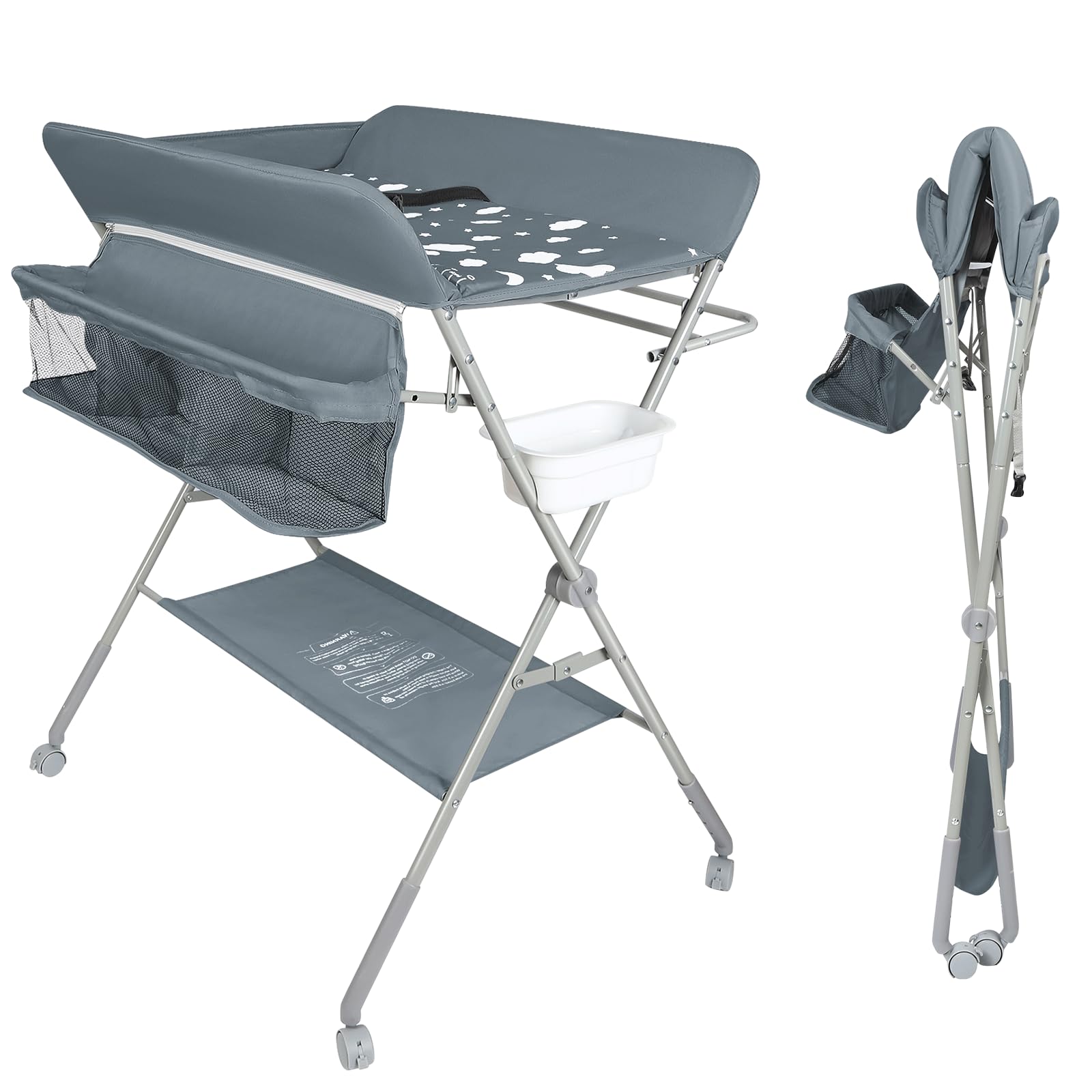 Cambiador Bebé, Cambiador Plegable Bebe, Tela Impermeable y Fácil de Limpiar, Cambiador Bebe Gran Espacio de Almacenaje, Tela Oxford, 4 Ruedas con Freno-80 * 58 * 90cm-gris oscuro