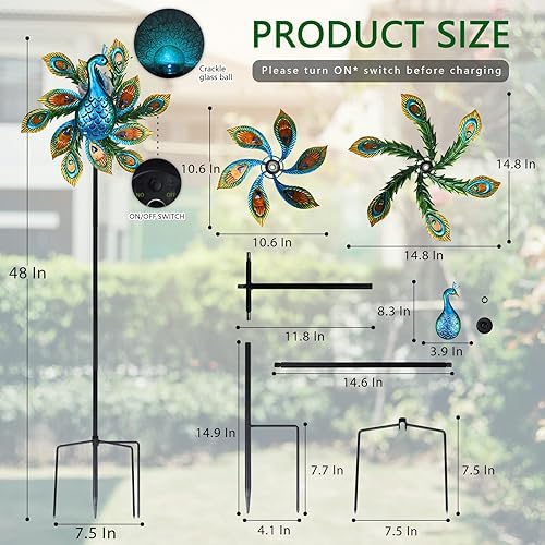 Miniatura 2 de Molinillo de viento solar para exteriores de metal cinético con iluminación LED, bola de vidrio, pavo real con estaca, molino de viento decorativo