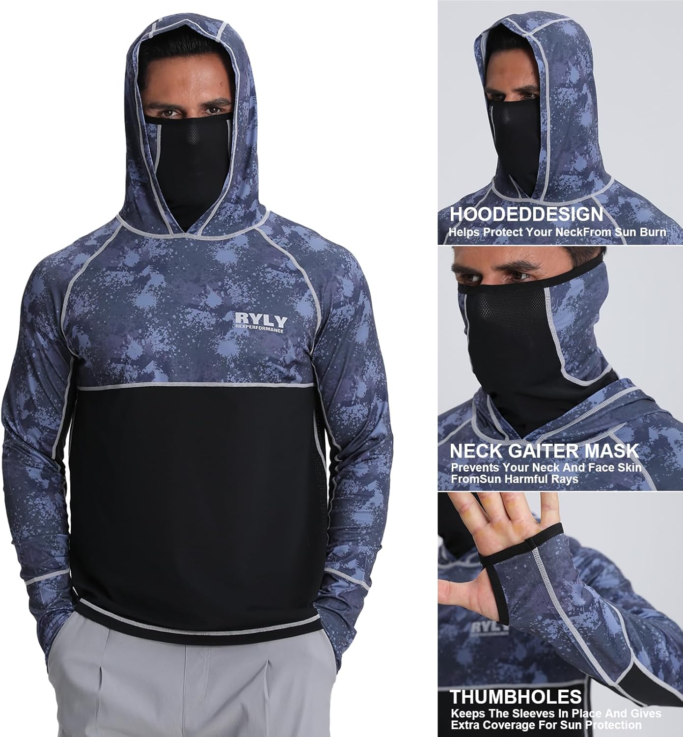 Men's Performance Fishing Shirts,Sun Protection Hoodie Long Sleeve UPF 50+ Hiking Shirt with Mask Cap