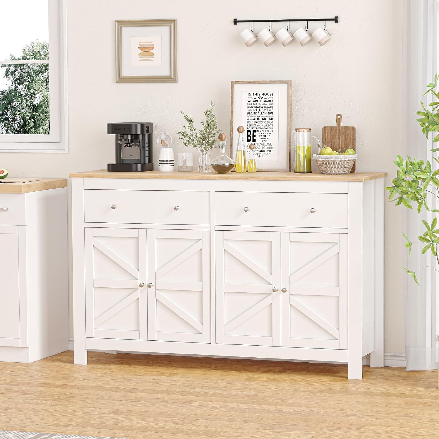 55" Buffet Sideboard Cabinet with Storage,Double Door Kitchen Cabinet, Coffee Bar Cabinet with 2 Drawers,Modern Farmhouse Coffee Bar Cabinet, Wood Buffet Table Dining Room Cabinet (White)