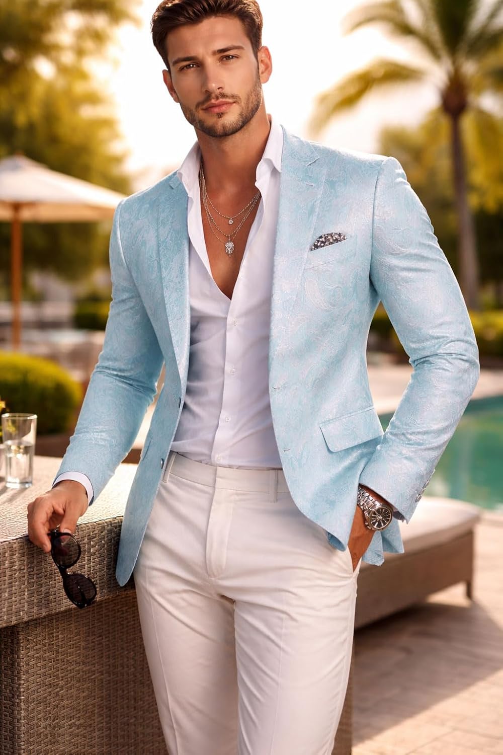 Men's Jacquard Slim Fit Blazer Floral Paisley Suit Jacket Two Button Notch Lapel Single Breasted Tuxedo Jacket
