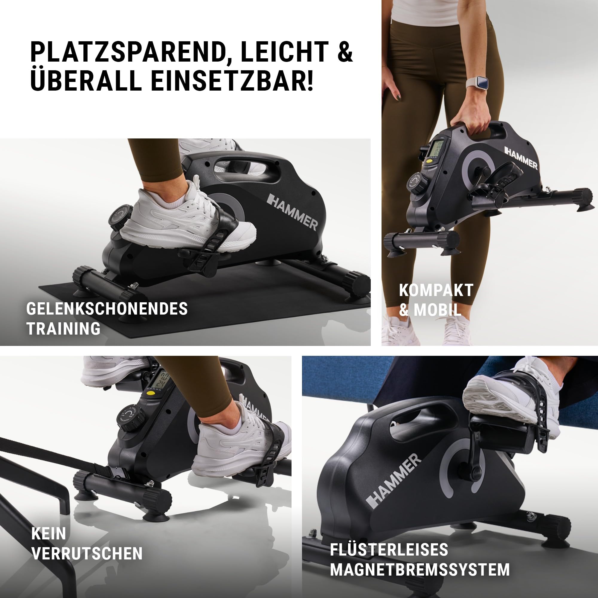 HAMMER Pedaltrainer für Zuhause Magnet - leiser Mini Heimtrainer mit Display, 8 Widerstandsstufen, inkl. Anti-Rutsch-Matte, Sicherheitsgurt, Beintrainer im Sitzen für Büro, Homeoffice und Senioren
