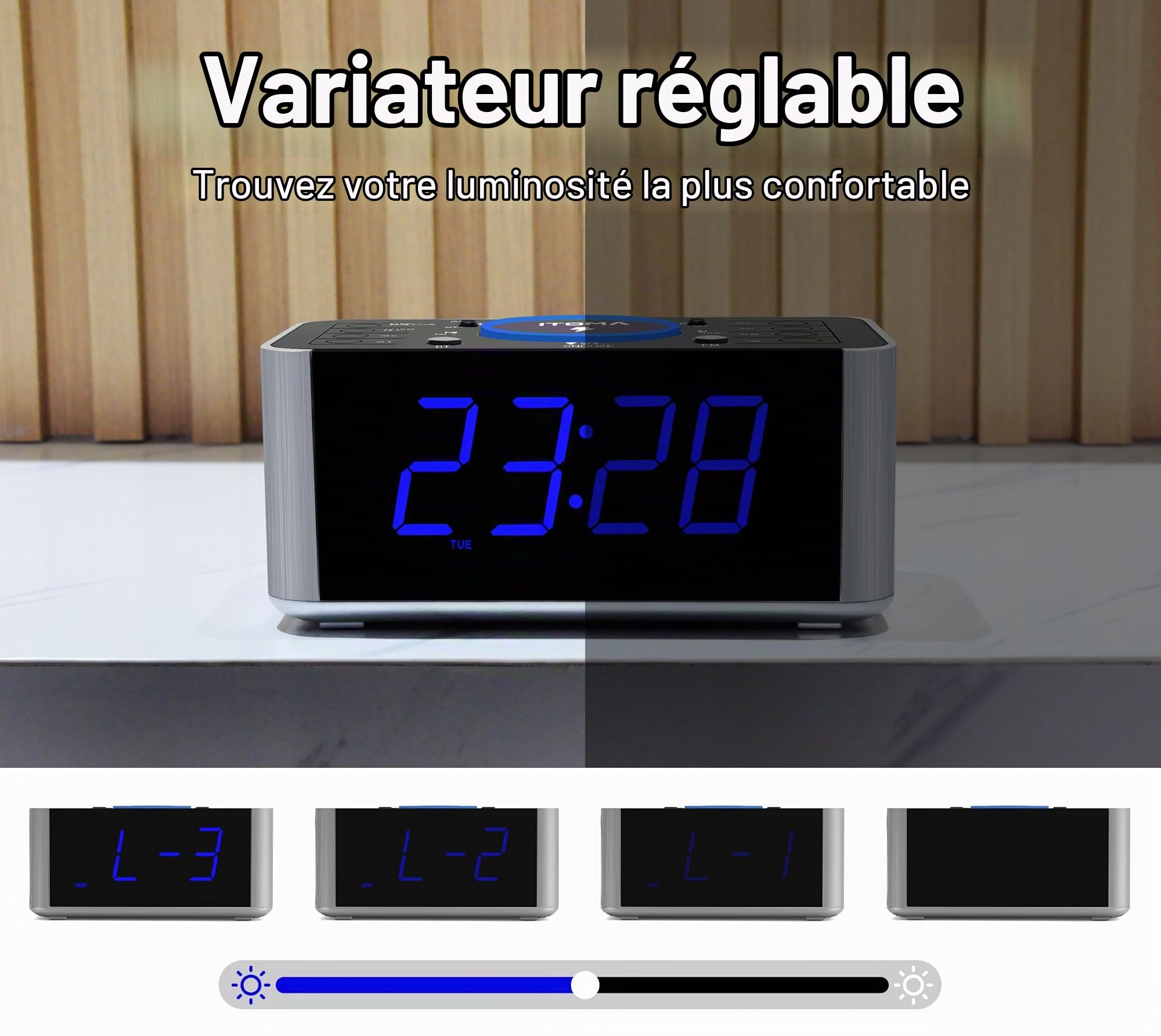 iTOMA Radio réveil avec Charge sans Fil 5W, Snooze, Bluetooth, Double réveil, écran LED de 1,4 Pouces, gradateur, tête de lit USB Charge Horloge 206