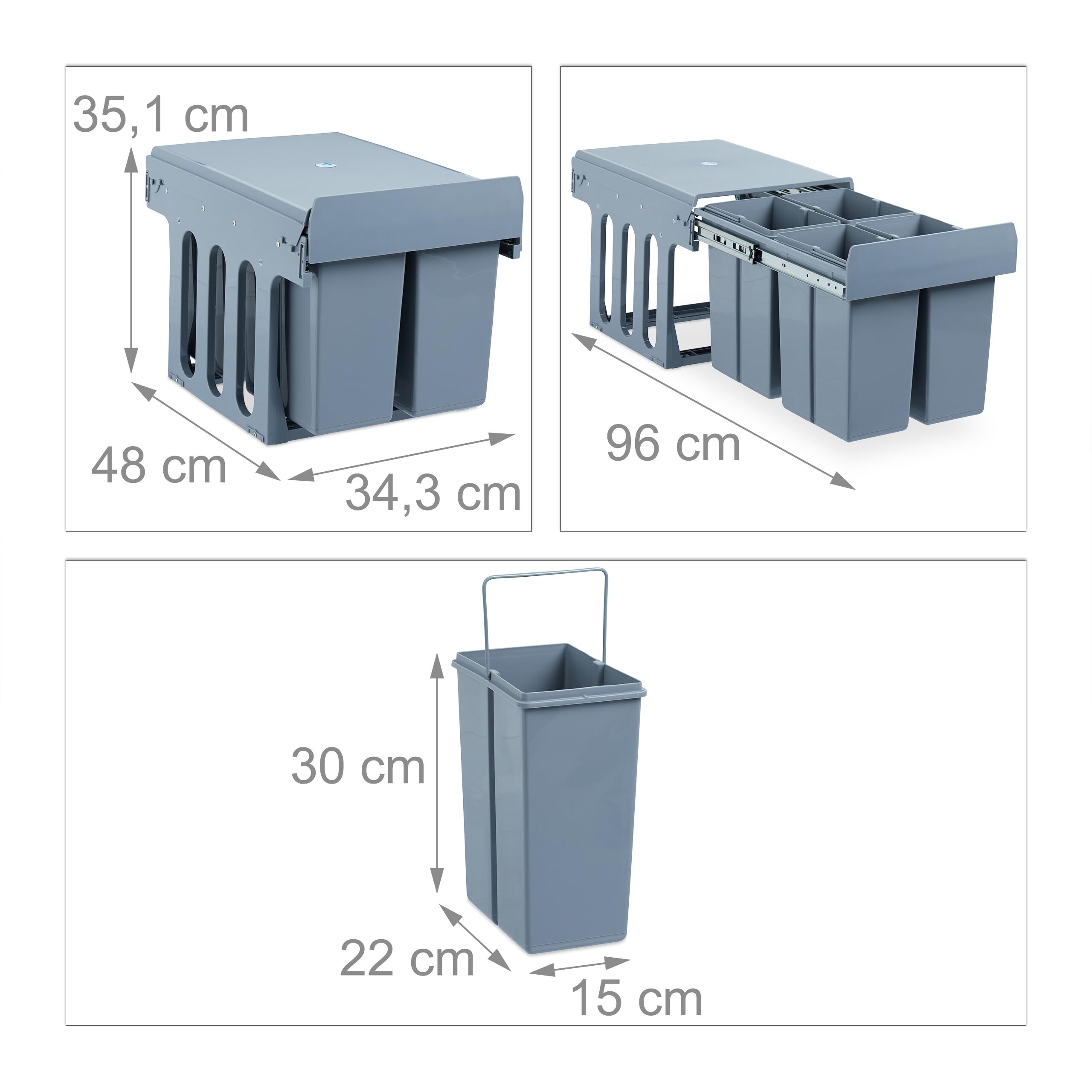 Relaxdays Cubo de Basura empotrable, Sistema de Reciclaje, Plástico, 4X 8L, 35,1 x 34,3 x 48 cm, Gris